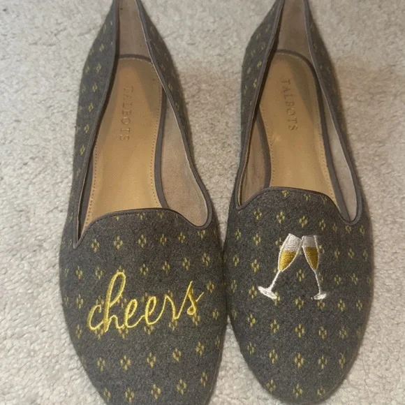 Talbots Gray Gold Embroidered Cheers Shoes 9.5 Champagne Ballet - Picture 1 of 3